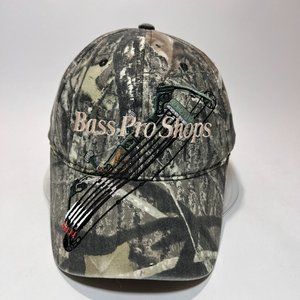 Bass Pro Shop Strap Back Cap Hat Green Camo Outdoors Archery Mossy Oak Logo Mens